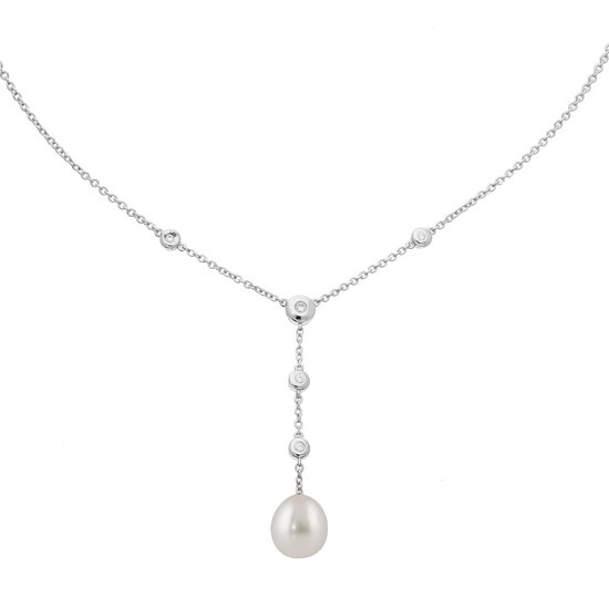 Silver Lining ketting - zilver - gerodineerd - parel wit - anker - 43 cm