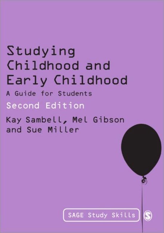 Boek 'Studying Childhood and Early Childhood: A Guide for Students', tweede editie. Paarse kaft met tekst en een zwarte ballon.