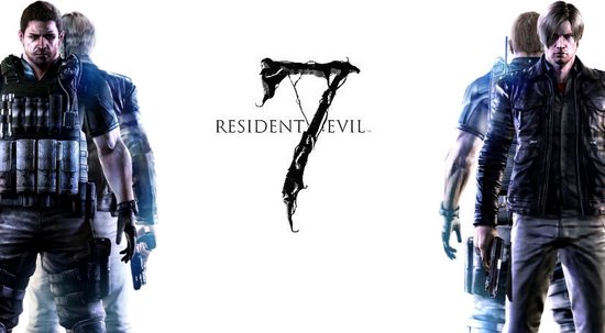 Promotionele afbeelding van Resident Evil 7 met twee personages op de voorgrond en het logo.
