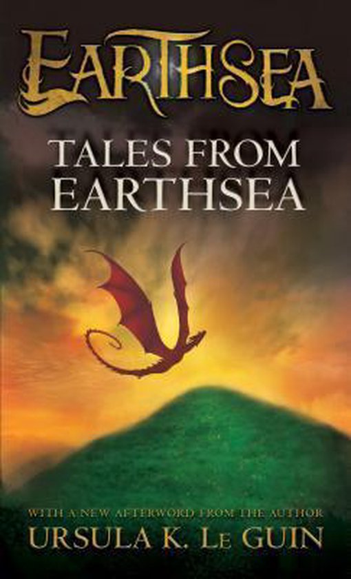 Boekomslag van 'Tales from Earthsea' van Ursula K. Le Guin met een rode draak op een groene heuvel bij zonsondergang.