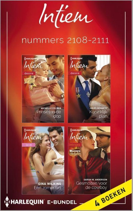 Cover van een Intiem e-bundel met 4 boeken, nummers 2108-2111. Toont vier paren: een stel in formele kleding met baby, een bruidspaar, een stel in zomerse kleding, en een stel met cowboyhoed.