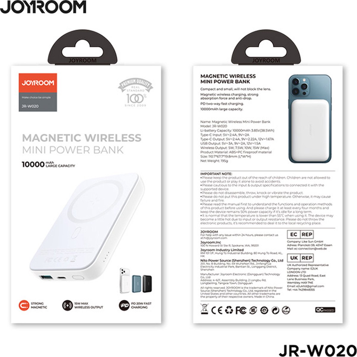 Batterie Externe Sans Fil Magnétique Joyroom JR-W020 - 10000mAh - Noir