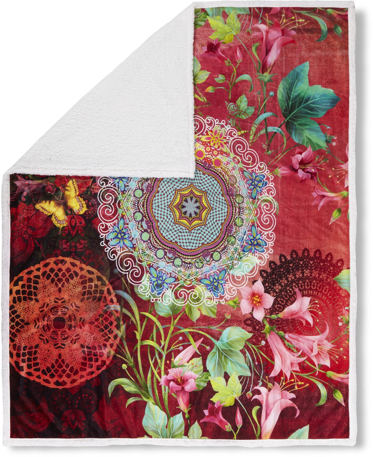 Hip Plaid 130x160 cm - Mandala en Bloemen Print - Rood/Multicolor - Polyester - Voor 1 Persoon NTB