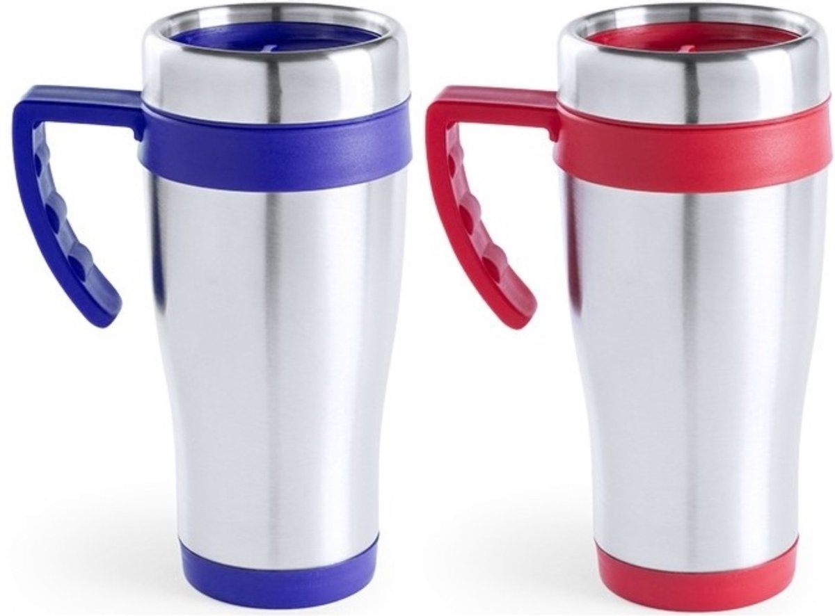 Set van 2x stuks zilverkleur warmhoudbekers/isoleer bekers met rand rood en blauw 500 ml
