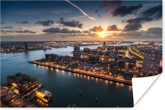 Luchtfoto met een zonsondergang in Rotterdam Poster 30x20 cm - klein - Foto print op Poster (wanddecoratie woonkamer / slaapkamer) / Europese steden Poster