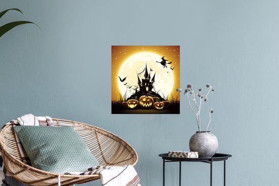 Muurstickers - Sticker Folie - Een illustratie van een heks die over een kasteel vliegt tijdens Halloween - 30x30 cm - Plakfolie - Muurstickers Kinderkamer - Zelfklevend Behang - Zelfklevend behangpapier - Stickerfolie