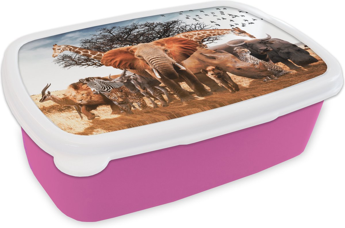 Broodtrommel Roze - Lunchbox - Brooddoos - Dieren - Giraffe - Olifant - 18x12x6 cm - Kinderen - Meisje