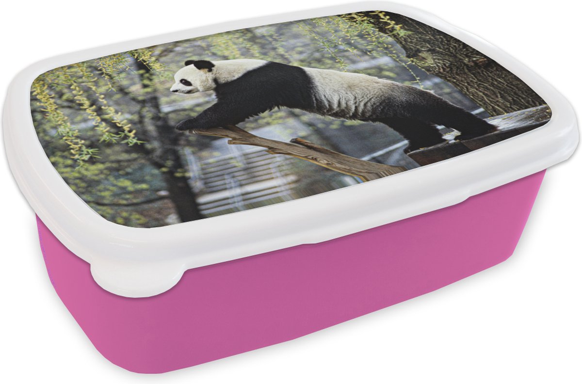 Broodtrommel Roze - Lunchbox - Brooddoos - Panda - Rivier - Boom - 18x12x6 cm - Kinderen - Meisje