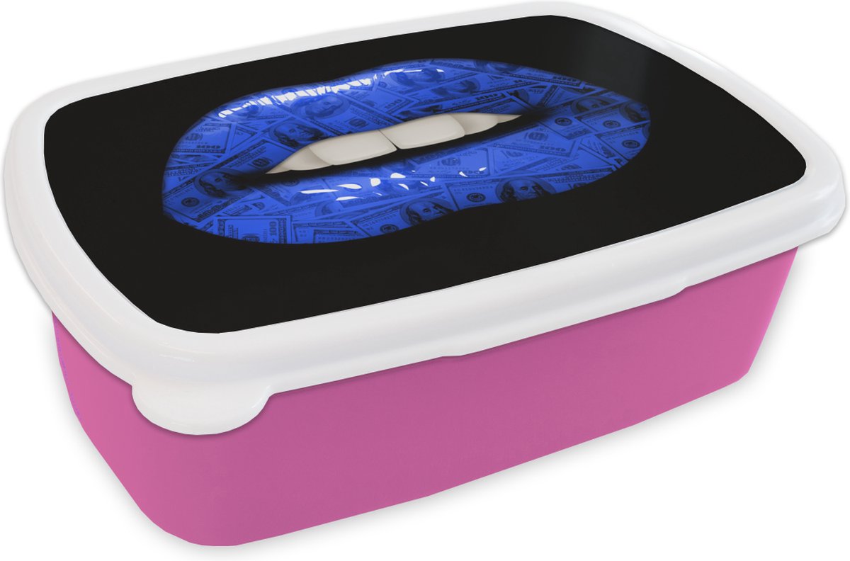 Broodtrommel Roze - Lunchbox - Brooddoos - Lippen - Geld - Blauw - 18x12x6 cm - Kinderen - Meisje