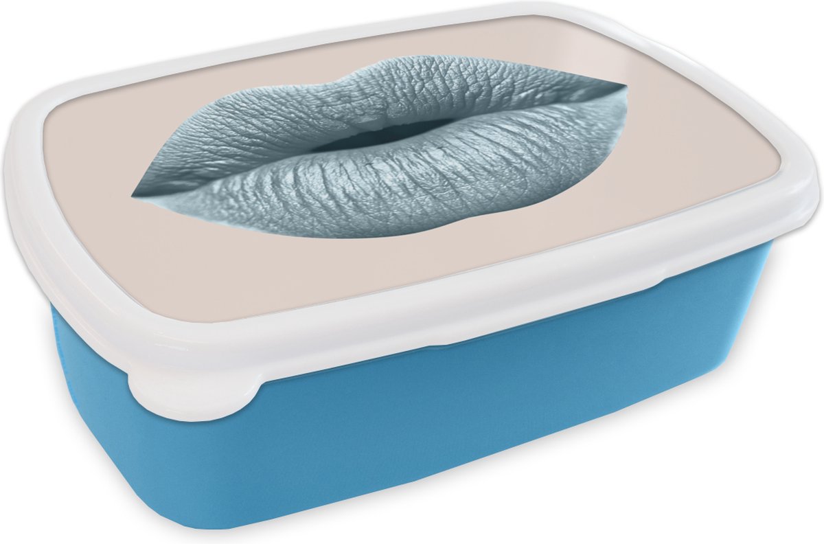 Broodtrommel Blauw - Lunchbox - Brooddoos - Lippen - Pastel - Grijs - 18x12x6 cm - Kinderen - Jongen