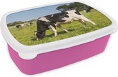 Broodtrommel Roze - Lunchbox - Brooddoos - Koe - Gras - Dieren - Bos - 18x12x6 cm - Kinderen - Meisje