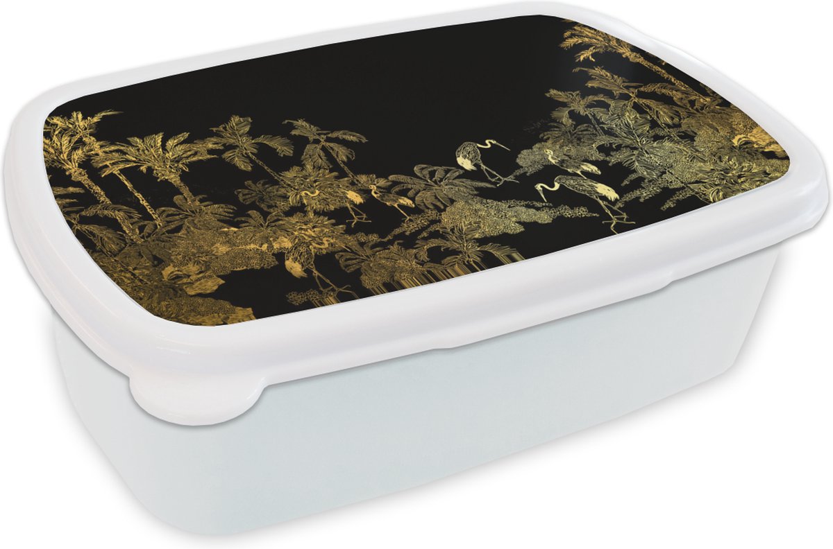 Broodtrommel Wit - Lunchbox - Brooddoos - Jungle - Vogels - Goud - Luxe - 18x12x6 cm - Volwassenen