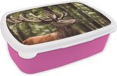 Broodtrommel Roze - Lunchbox - Brooddoos - Hert in een bos - 18x12x6 cm - Kinderen - Meisje