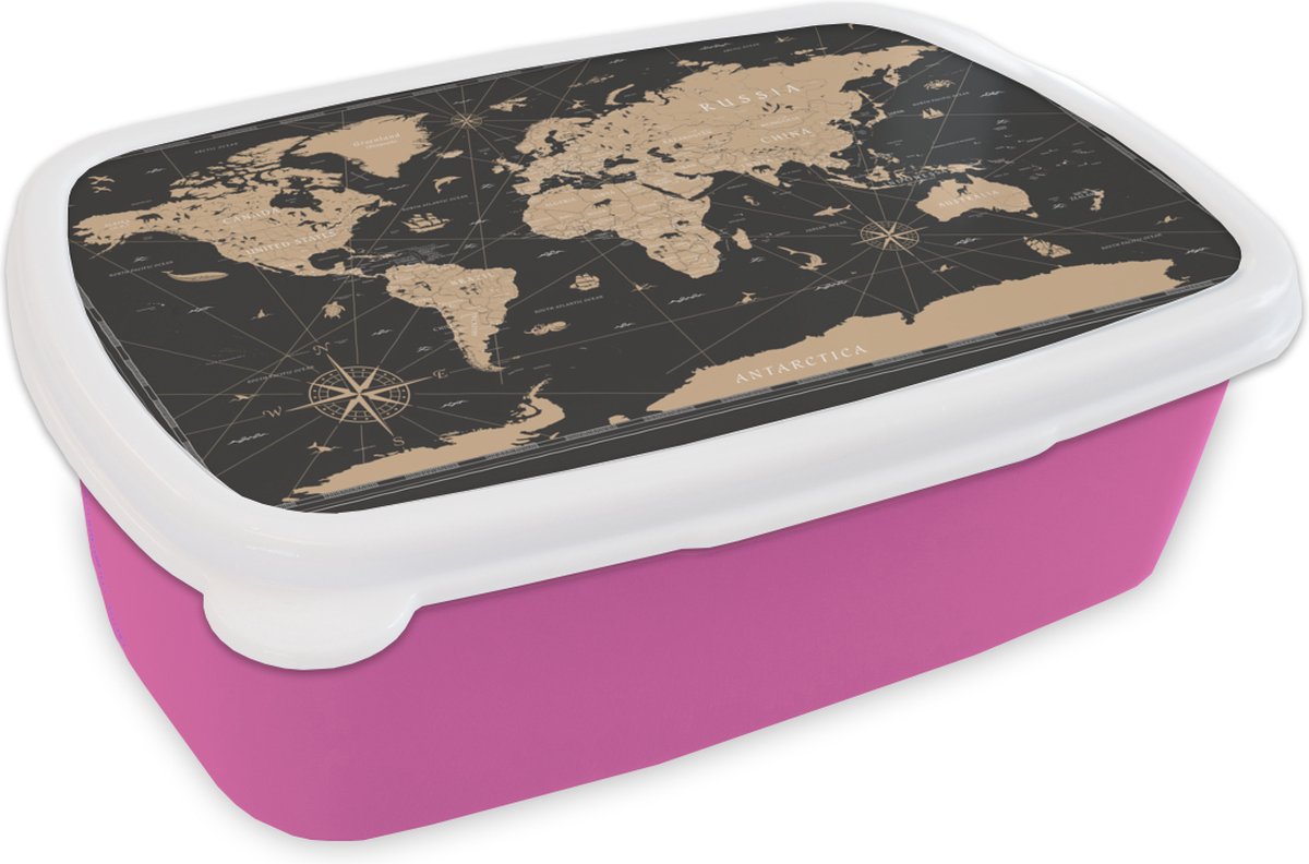 Broodtrommel Roze - Lunchbox - Brooddoos - Kaart - Wereld - Bruin - 18x12x6 cm - Kinderen - Meisje
