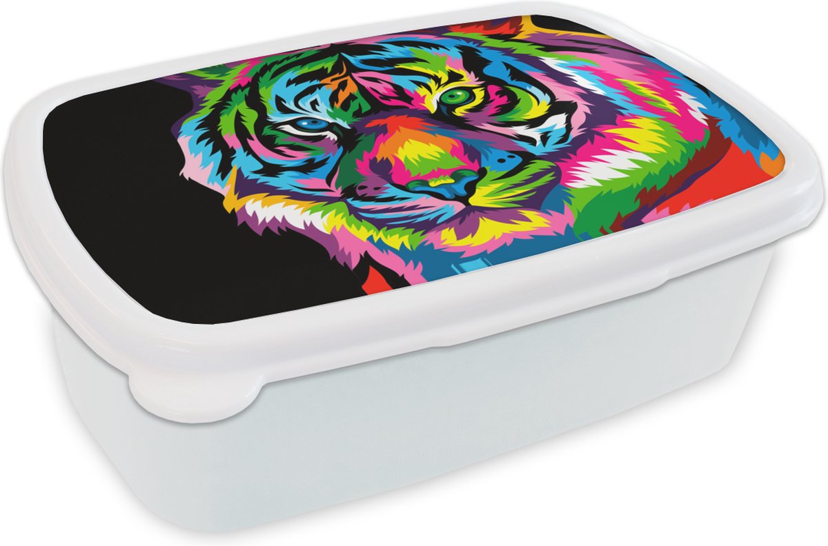 Broodtrommel Wit - Lunchbox - Brooddoos - Tijger - Kop - Regenboog - 18x12x6 cm - Volwassenen