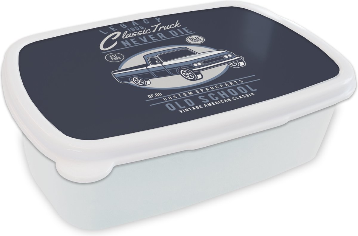 Broodtrommel Wit - Lunchbox - Brooddoos - Auto's - Blauw - Retro - 18x12x6 cm - Volwassenen