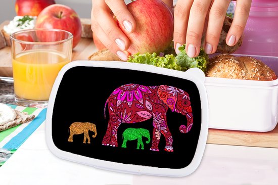 Lunch box Wit - Lunch box - Boîte à pain - Eléphants - Motifs - Fleurs - Plantes - 18x12x6 cm - Adultes