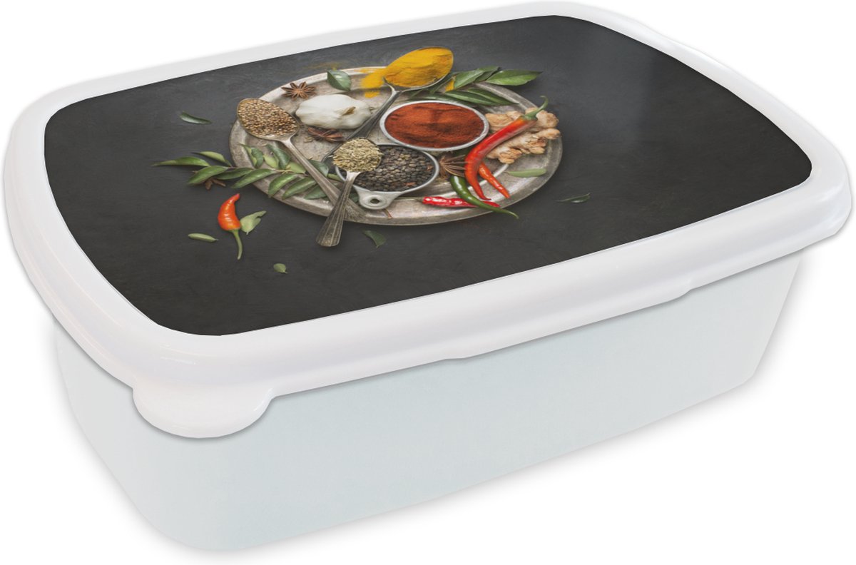 Broodtrommel Wit - Lunchbox - Brooddoos - Kruiden op zilveren plaat - 18x12x6 cm - Volwassenen