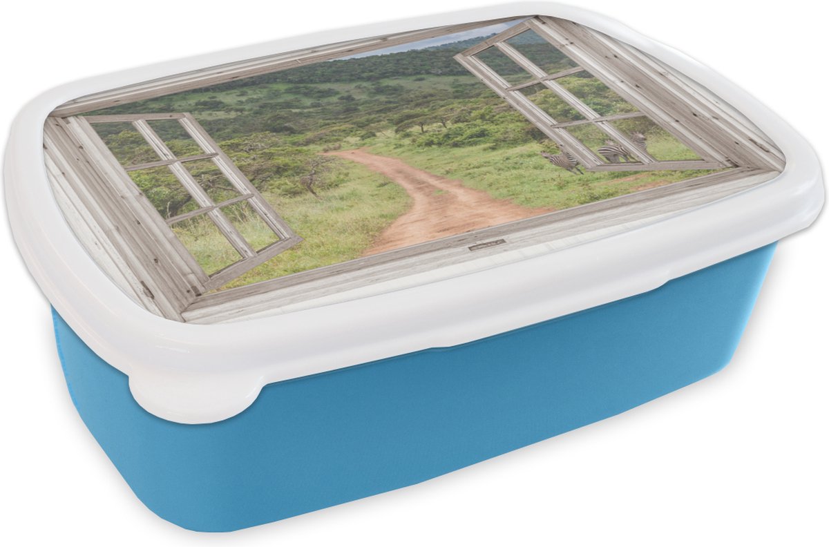 Broodtrommel Blauw - Lunchbox - Brooddoos - Doorkijk - Zebra - Afrika - 18x12x6 cm - Kinderen - Jongen