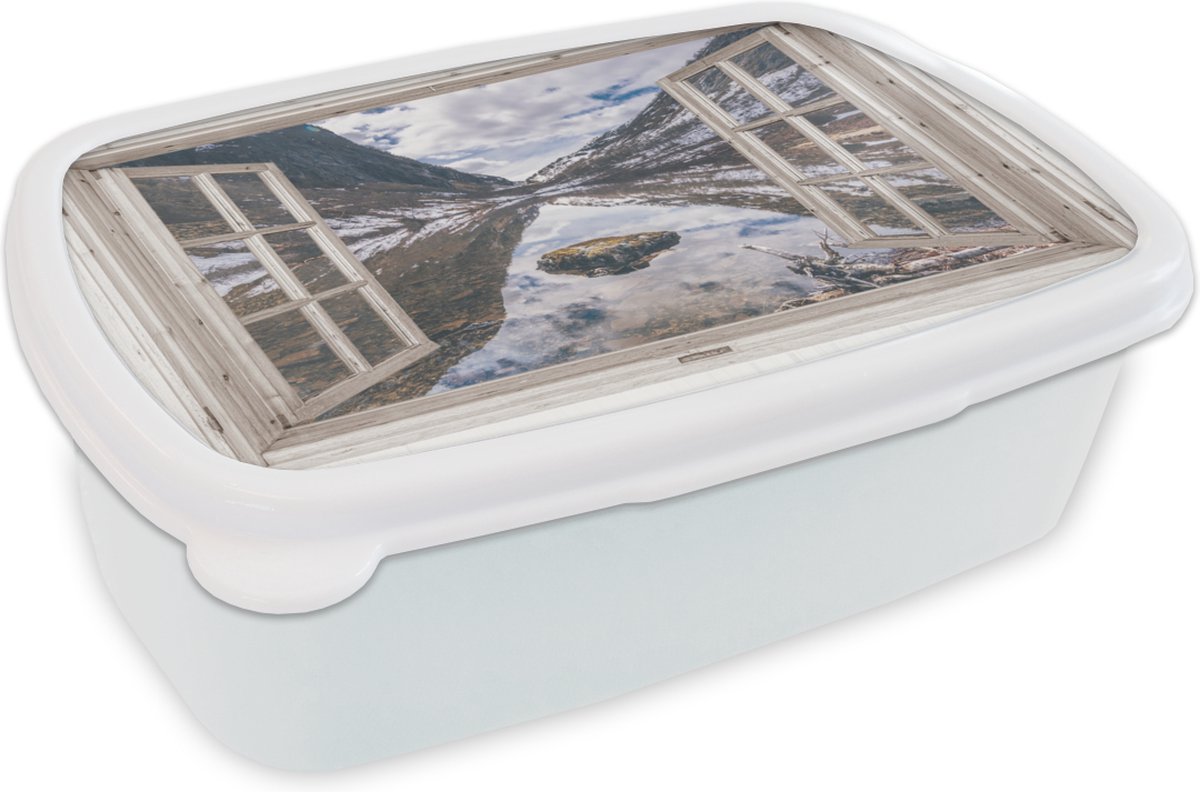 Broodtrommel Wit - Lunchbox - Brooddoos - Doorkijk - Bergen - Steen - 18x12x6 cm - Volwassenen