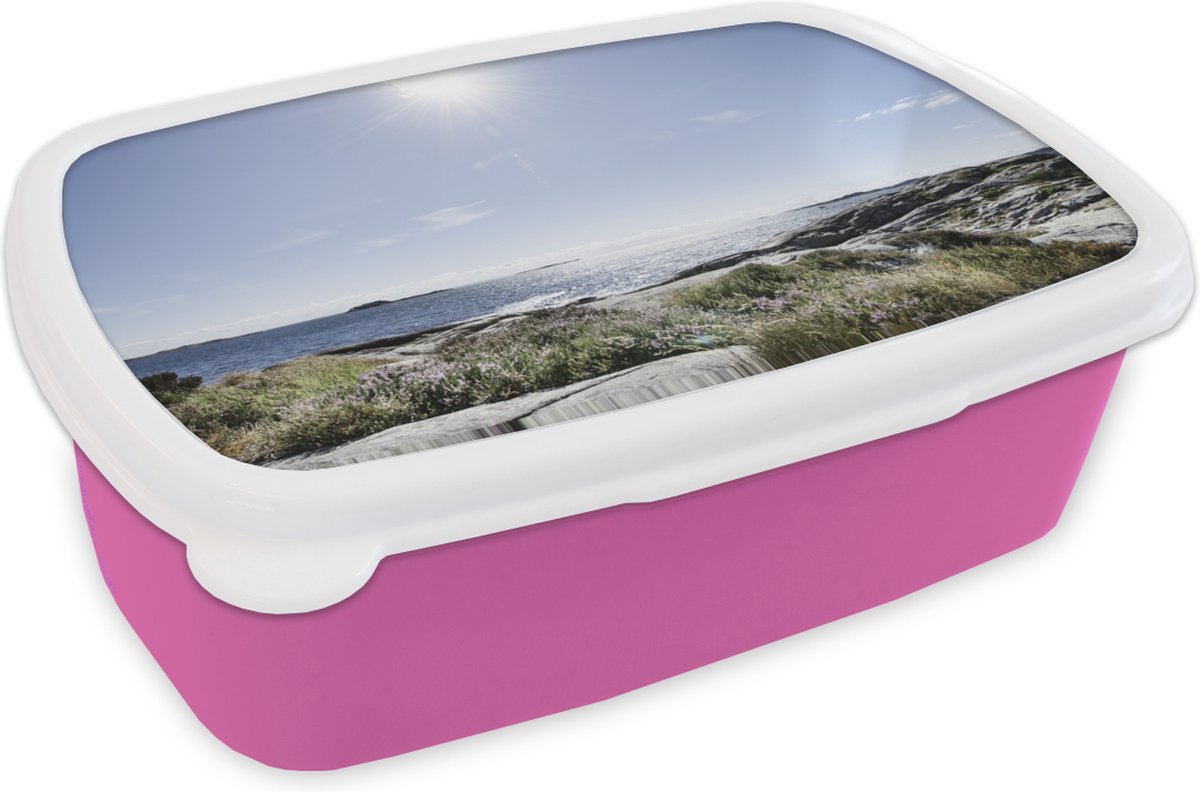 Broodtrommel Roze - Lunchbox - Brooddoos - Strand - Natuur - Zon - 18x12x6 cm - Kinderen - Meisje