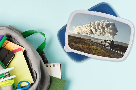Broodtrommel Blauw - Lunchbox - Brooddoos - Een stoomtrein over een brug met het groene landschap - 18x12x6 cm - Kinderen - Jongen