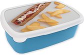 Broodtrommel Blauw - Lunchbox - Brooddoos - Zalige frikandel speciaal met patat op een wit bord - 18x12x6 cm - Kinderen - Jongen