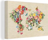 Wanddecoratie Wereldkaart - Bloemen - Craft papier - Canvas - 90x60 cm