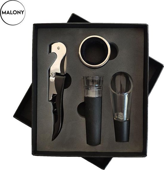 Malony® Wijnopener set - Kurkentrekker - Flesopener - Kelnermes - Bieropener - Wijn accessoires - 4 Delig - RVS - Luxe Giftbox - Zwart