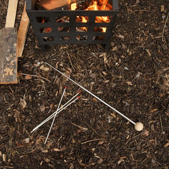 Zwarte metalen vuurkorf met brandend hout. Op de grond liggen lucifers en een blaasroer.