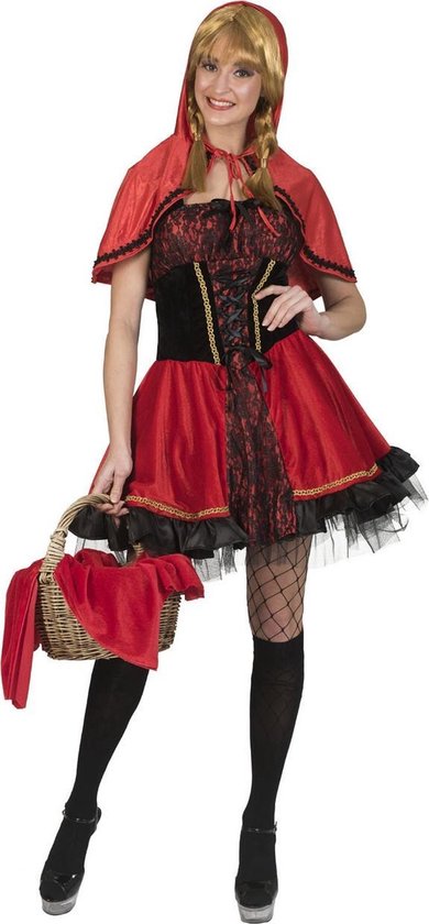 Funny Fashion - Roodkapje Kostuum - Onschuldig Roodkapje Op Weg Naar Grootmoeder - Vrouw - Rood, Zwart - Maat 40-42 - Carnavalskleding - Verkleedkleding