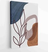 Canvas schilderij - Earth tone background foliage line art drawing with abstract shape and watercolor 1 -    – 1914436903 - 80*60 Vertical