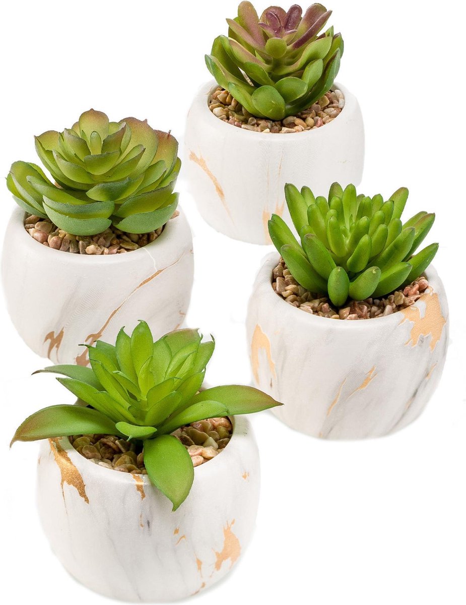 Kunst Vetplantjes 4 stuks in marmer potje 10 cm