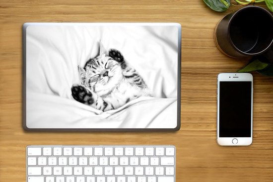 Sticker ordinateur portable - 13,3 pouces - Chaton endormi - noir et blanc