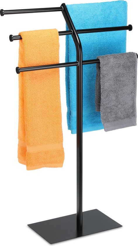 Relaxdays handdoekrek met 3 stangen - staande handdoekenhouder -  handdoekenrek zwart staal | bol.com