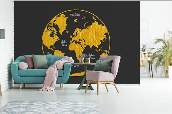 Papier peint photo vinyle - Carte du monde ronde et dorée sur fond gris largeur 390 cm x hauteur 260 cm - Tirage photo sur papier peint (disponible en 7 tailles)