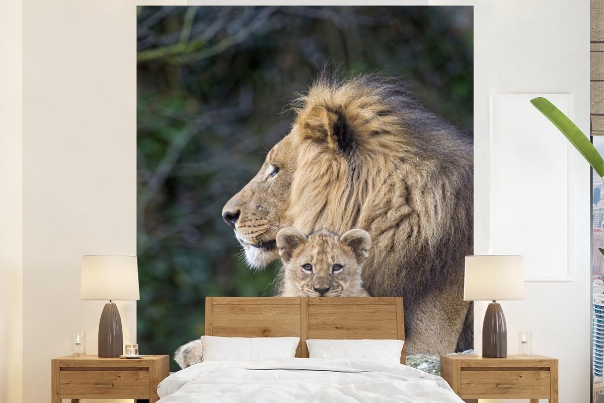 Behang - Fotobehang Volwassen leeuw met jong - Breedte 180 cm x hoogte 220 cm