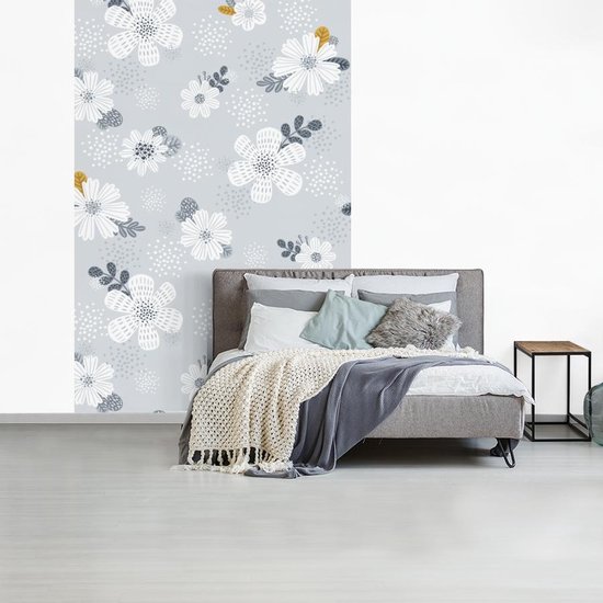 Motif pour enfants avec des fleurs blanches avec des feuilles bleues et brunes 200x300 cm