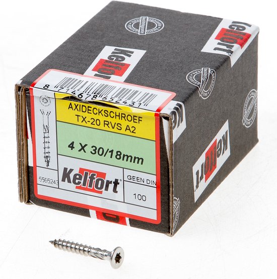 Kelfort doos met Axideckschroef TX-20 RVS A2, 4 x 30/18mm, 100 stuks. Een schroef ligt voor de doos.