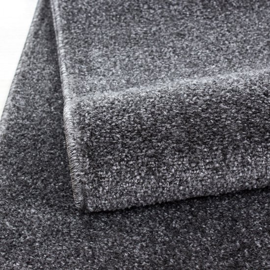 Tapis gris foncé à poils courts plié, partiellement visible avec un bord retourné.