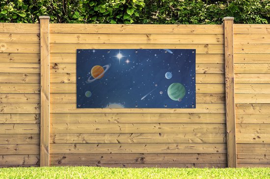 Décoration murale extérieur l'espace rempli de planètes - 160x80 cm - Toile jardin - Affiche extérieure
