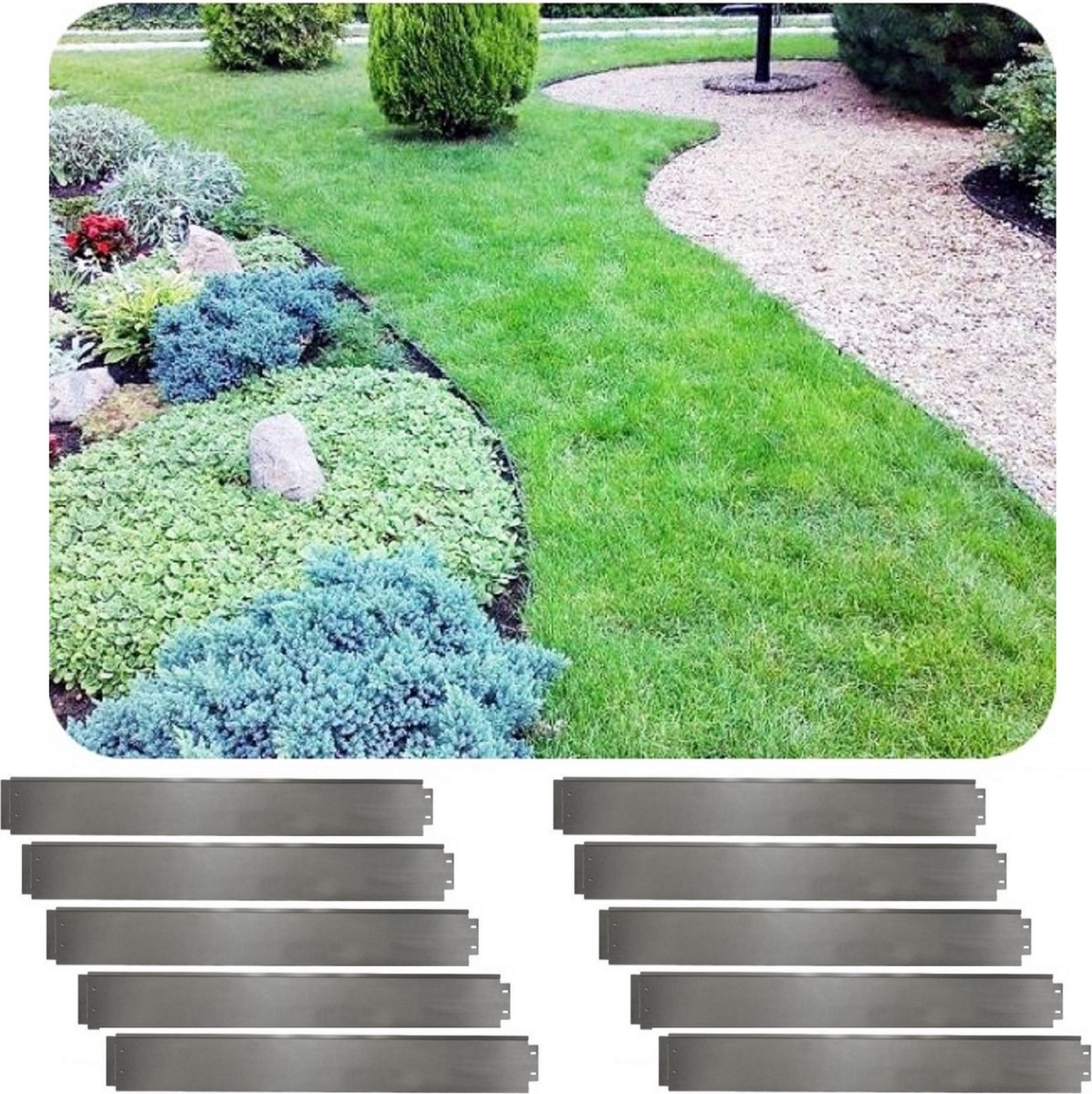Set van 10 Borderrand metaal gegalvaniseerd 14cm x 100cm | Gazonrand | Kantopsluiting