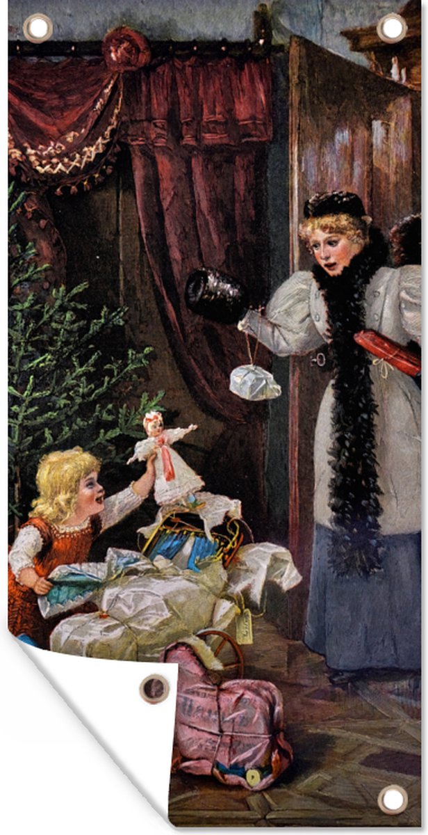 Retro Kerst portret op een tuindoek van 30x60 cm voor Kerstmis, buitengebruik.