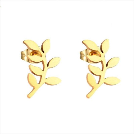 Aramat jewels ® - Zweerknopjes blad oorbellen 10mm chirurgisch staal goudkleurig