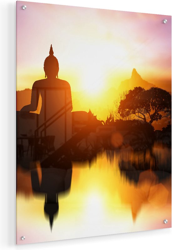 Artaza Glasschilderij - Silhouet Van Boeddha Beeld Met Zonsondergang - 40x50 - Plexiglas Schilderij - Foto op Glas