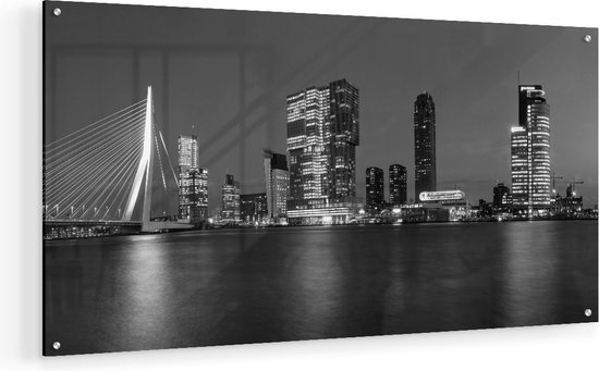 Artaza Glasschilderij - Rotterdamse Skyline - Zwart Wit - 80x40 - Plexiglas Schilderij - Foto op Glas
