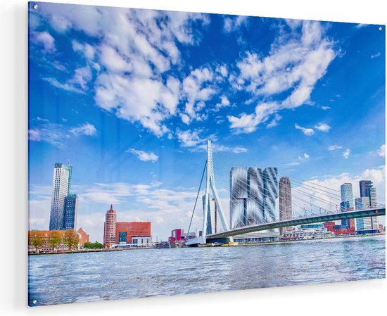 Artaza Glasschilderij - Erasmusbrug Aan Het Water In Rotterdam - 105x70 - Plexiglas Schilderij - Foto op Glas