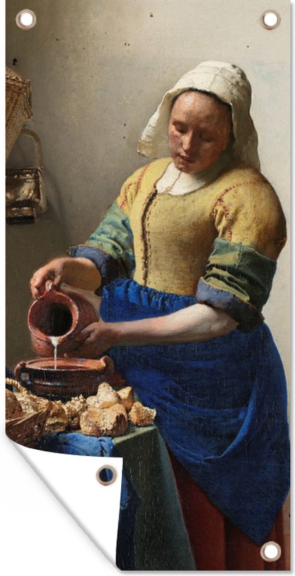 Tuinposter Het melkmeisje - Schilderij van Johannes Vermeer - 40x80 cm