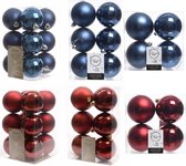 Kerstversiering kunststof kerstballen kleuren mix donkerblauw/donkerrood 6-8-10 cm pakket van 44x stuks