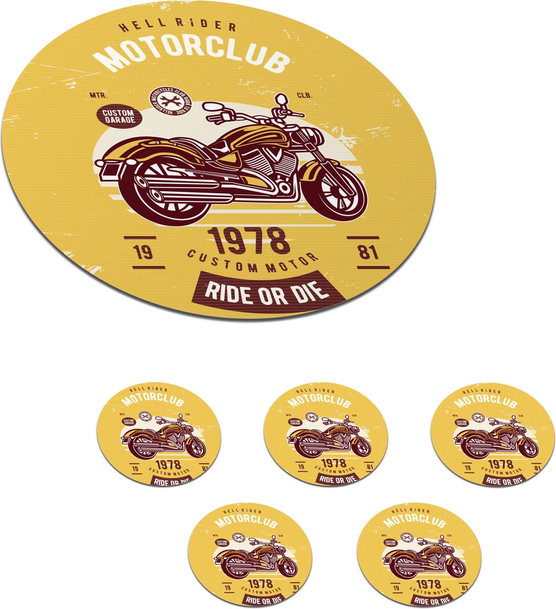 Onderzetters voor glazen - Rond - Motor - Geel - Retro - 10x10 cm - Glasonderzetters - 6 stuks